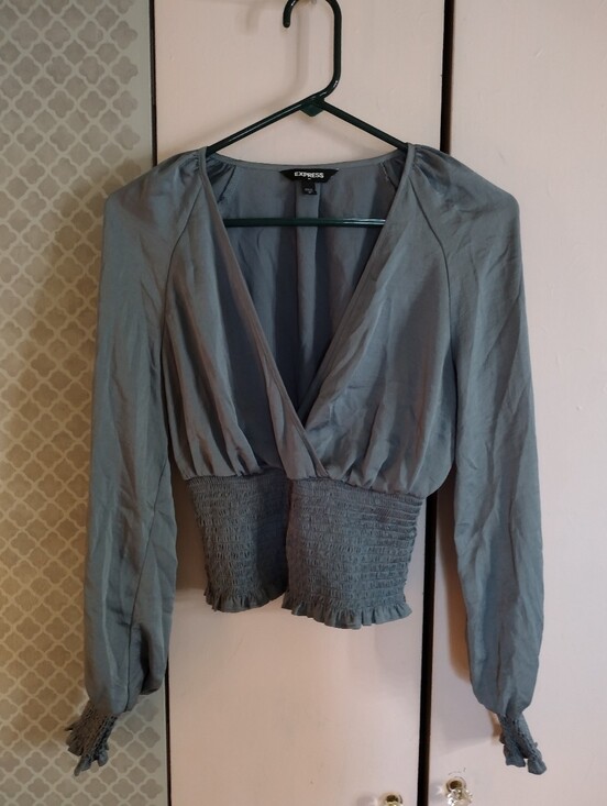 Express Tops - Express Women's Slate Gray Smocked Waist Wrap Blouse